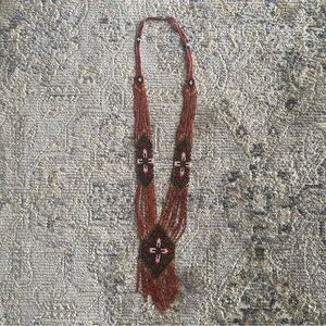 Beaded Indigenous Necklace Fringe Handmade Red White Black Flower
